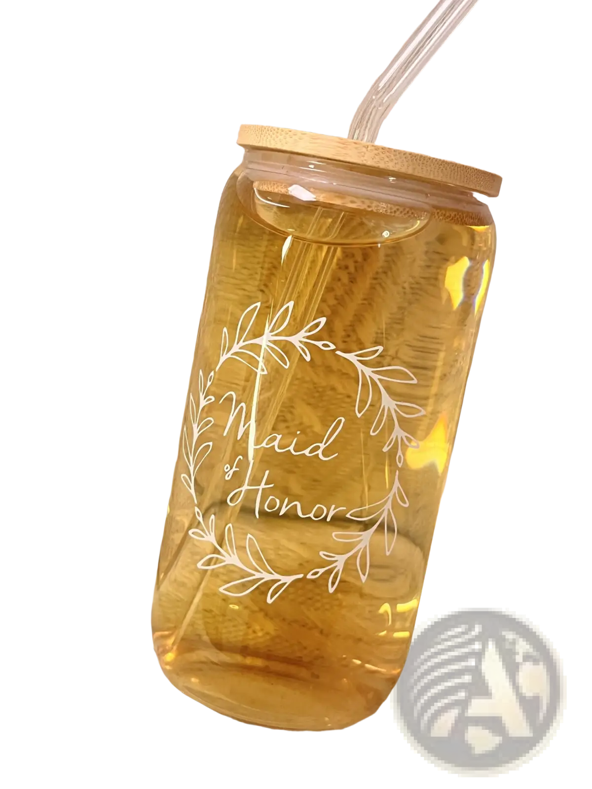 A clear glass tumbler with bamboo lid and straw featuring a white maid of honor wreath design for bridesmaid proposals