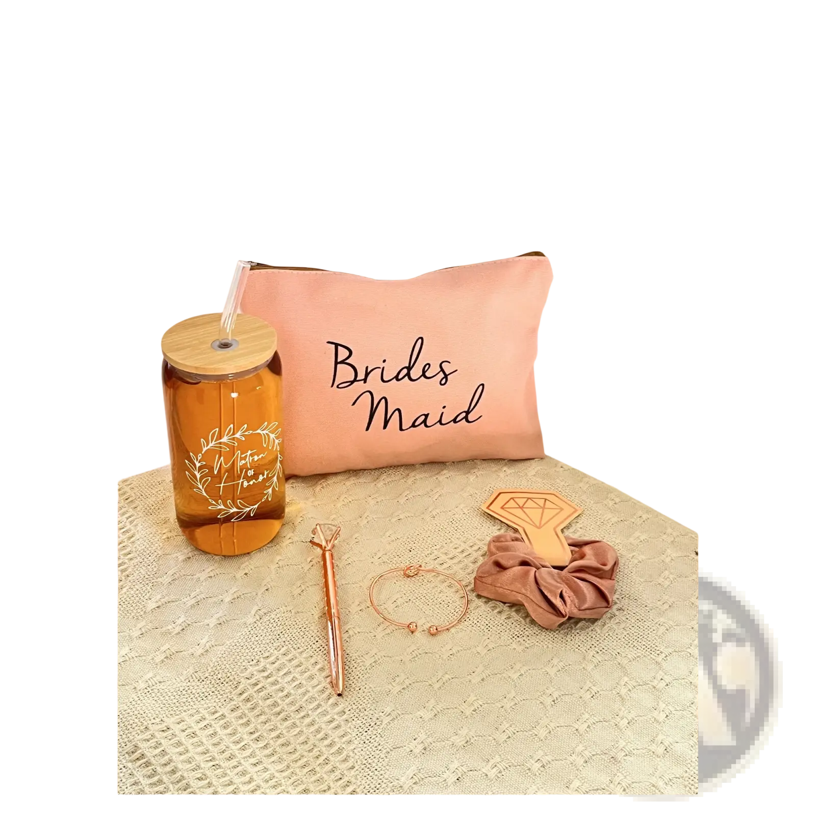 Pink bridesmaid makeup bag made of durable fabric shown as part of bridesmaid proposal gift set with glass cups