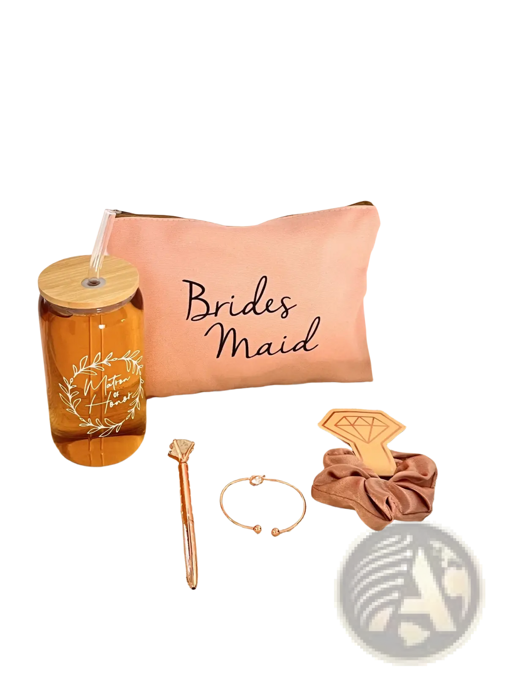 Pink bridesmaid pillow with black cursive lettering included in bridesmaid proposal gift set with glass cups and makeup bags