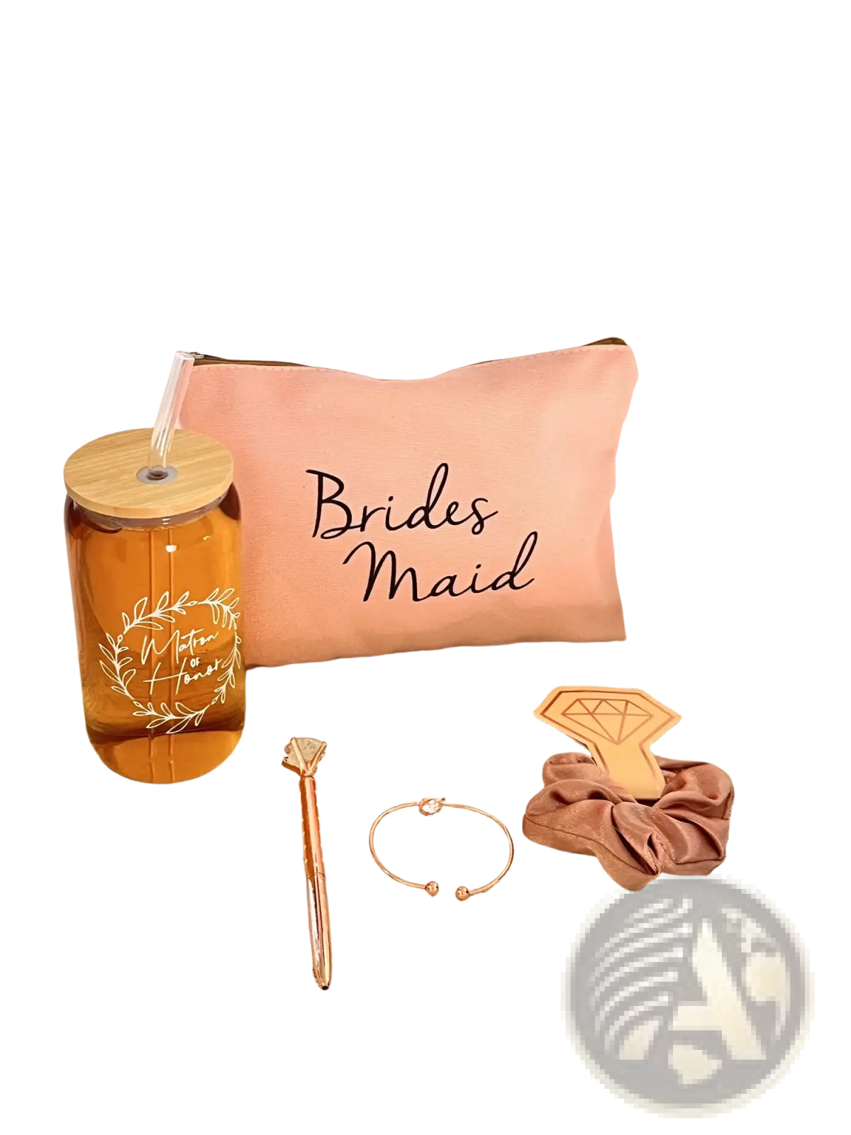 Pink bridesmaid pillow with black cursive lettering included in bridesmaid proposal gift set with glass cups and makeup bags