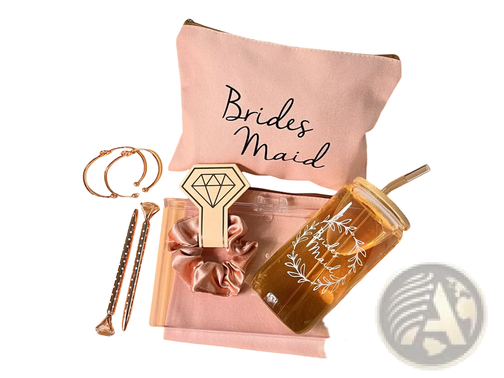 Pink bridesmaid pouch with black cursive lettering and gold diamond charm zipper pull in bridesmaid proposal gift set