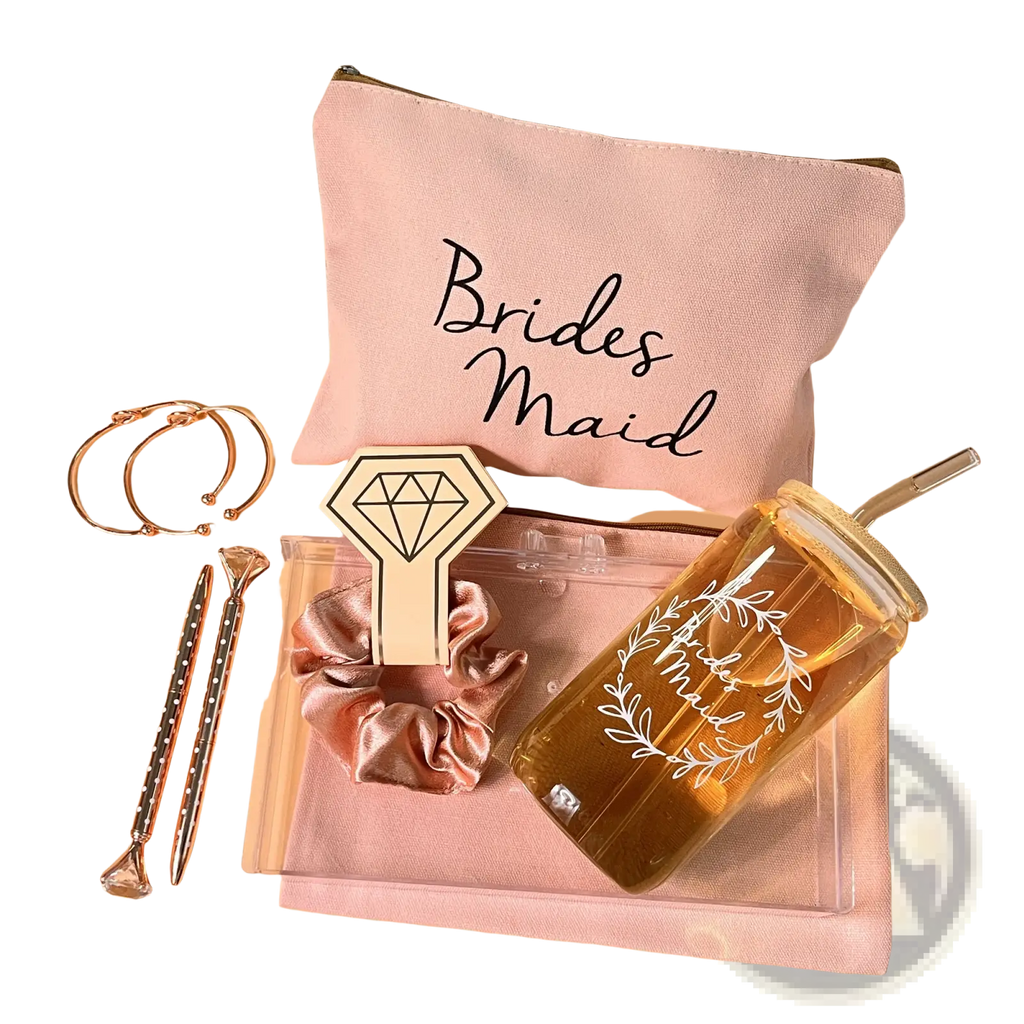Pink bridesmaid zipper pouch with black cursive lettering in bridesmaid proposal gift set for makeup storage