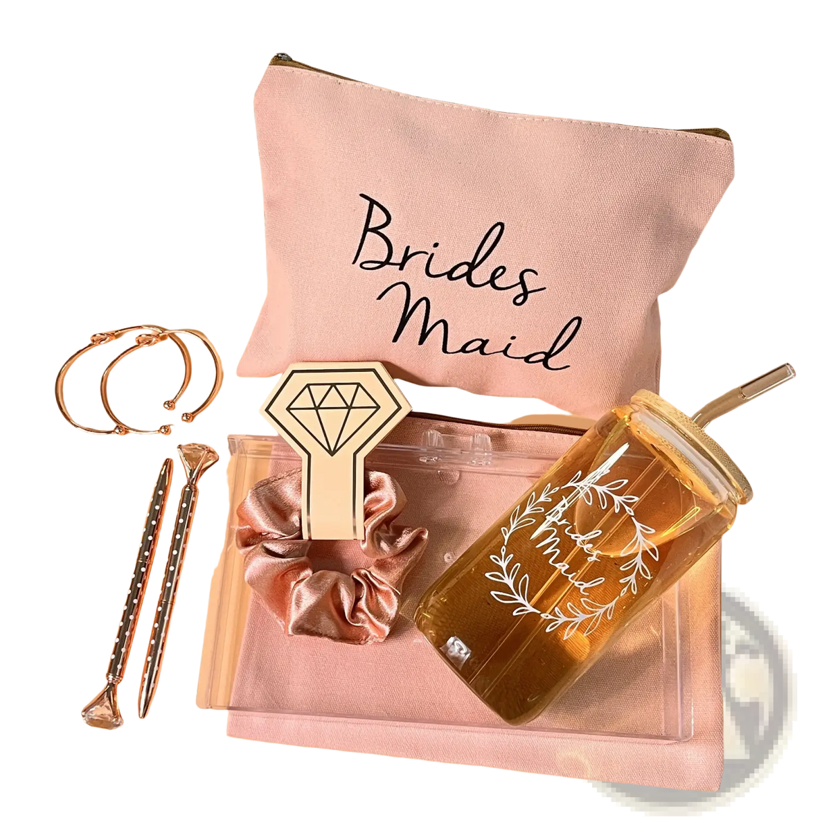 Pink bridesmaid zipper pouch with black cursive lettering in bridesmaid proposal gift set for makeup storage