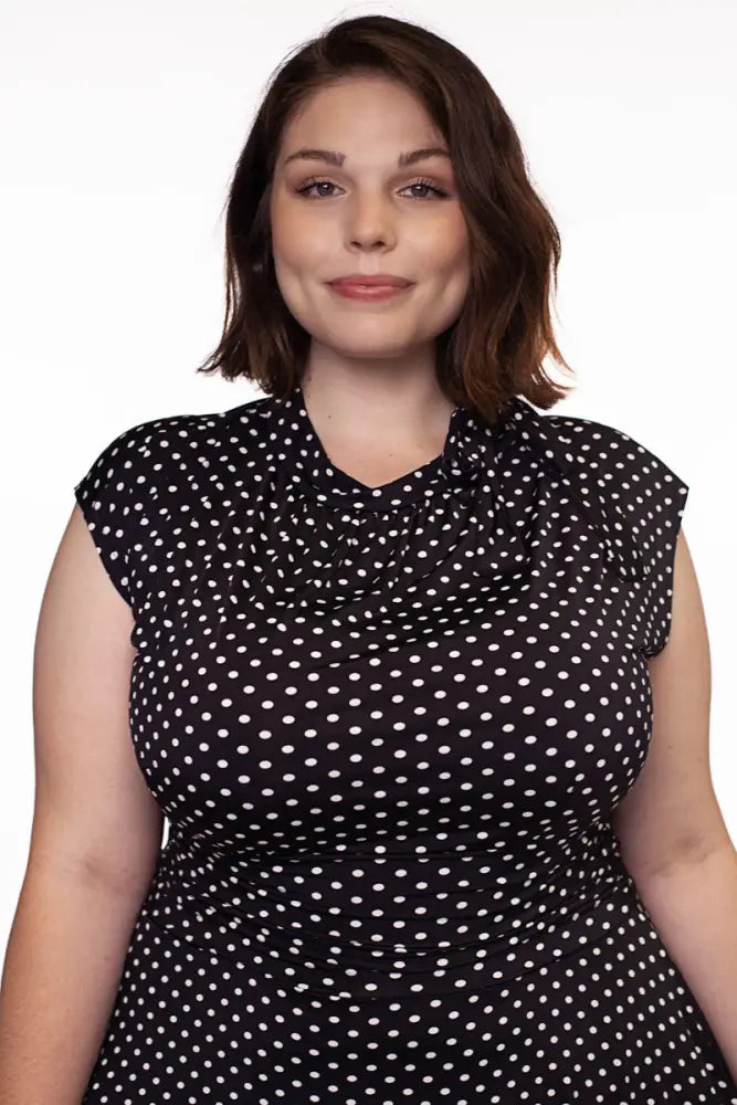 Bridget polka dot retro midi dress in plus size 4x featuring black sleeveless fabric with white polka dots and ruffled neckline