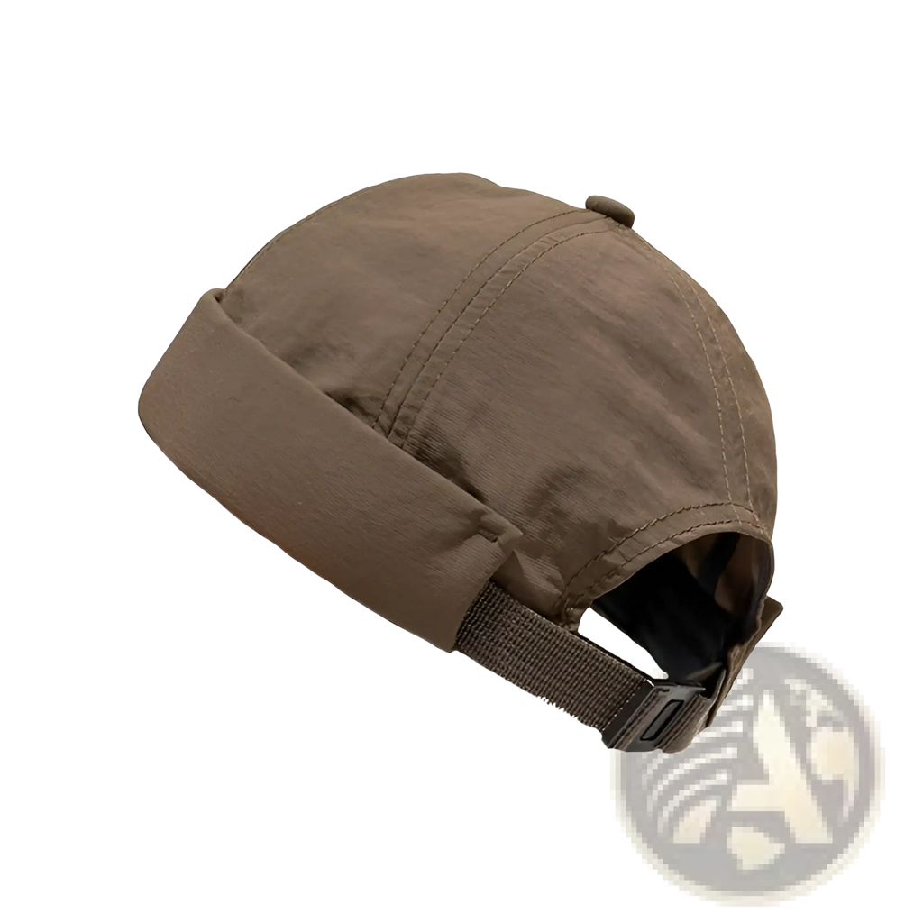 Brown textured fabric brimless hat with folded brim and adjustable strap quick drying cap shown from back side