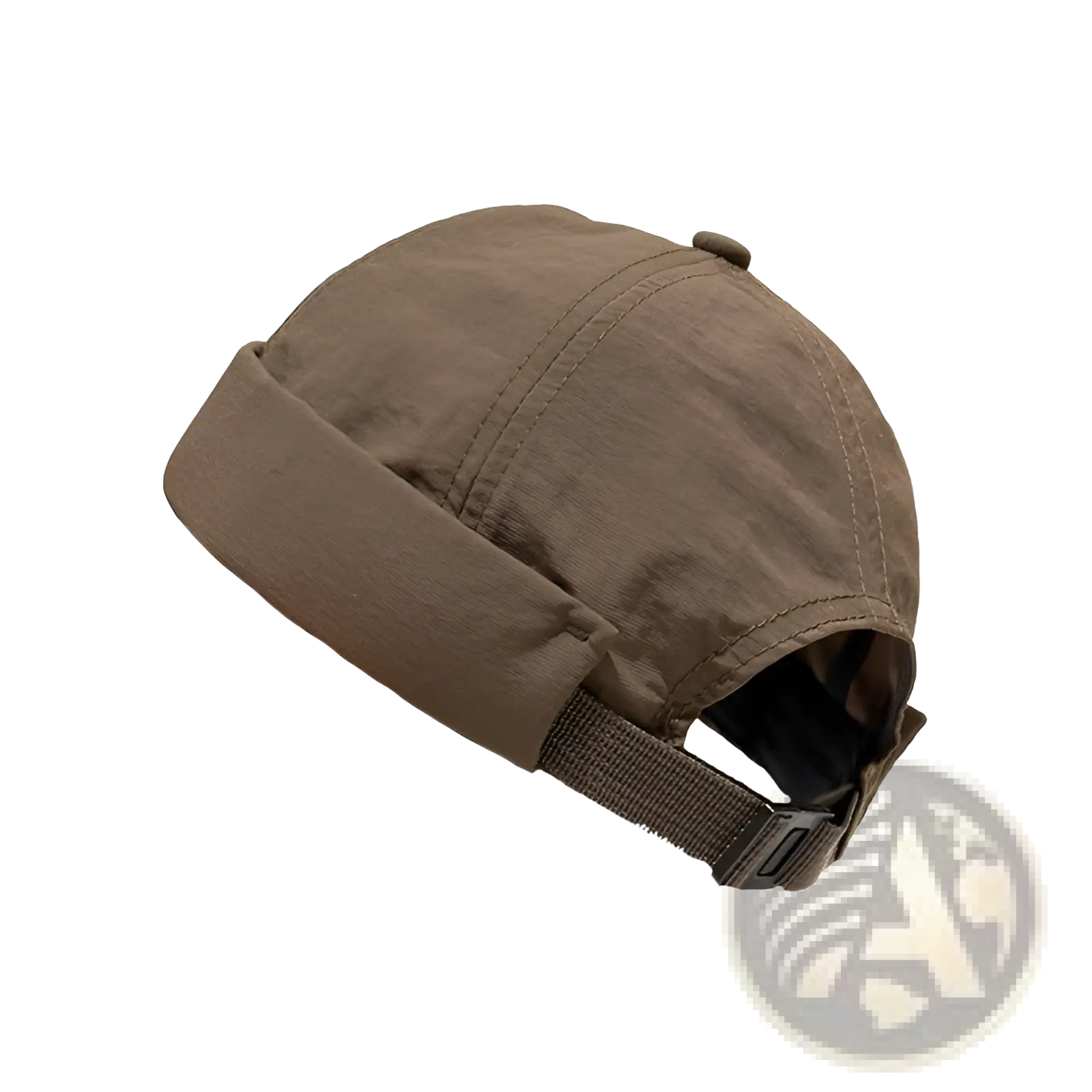 Brown textured fabric brimless hat with folded brim and adjustable strap quick drying cap shown from back side