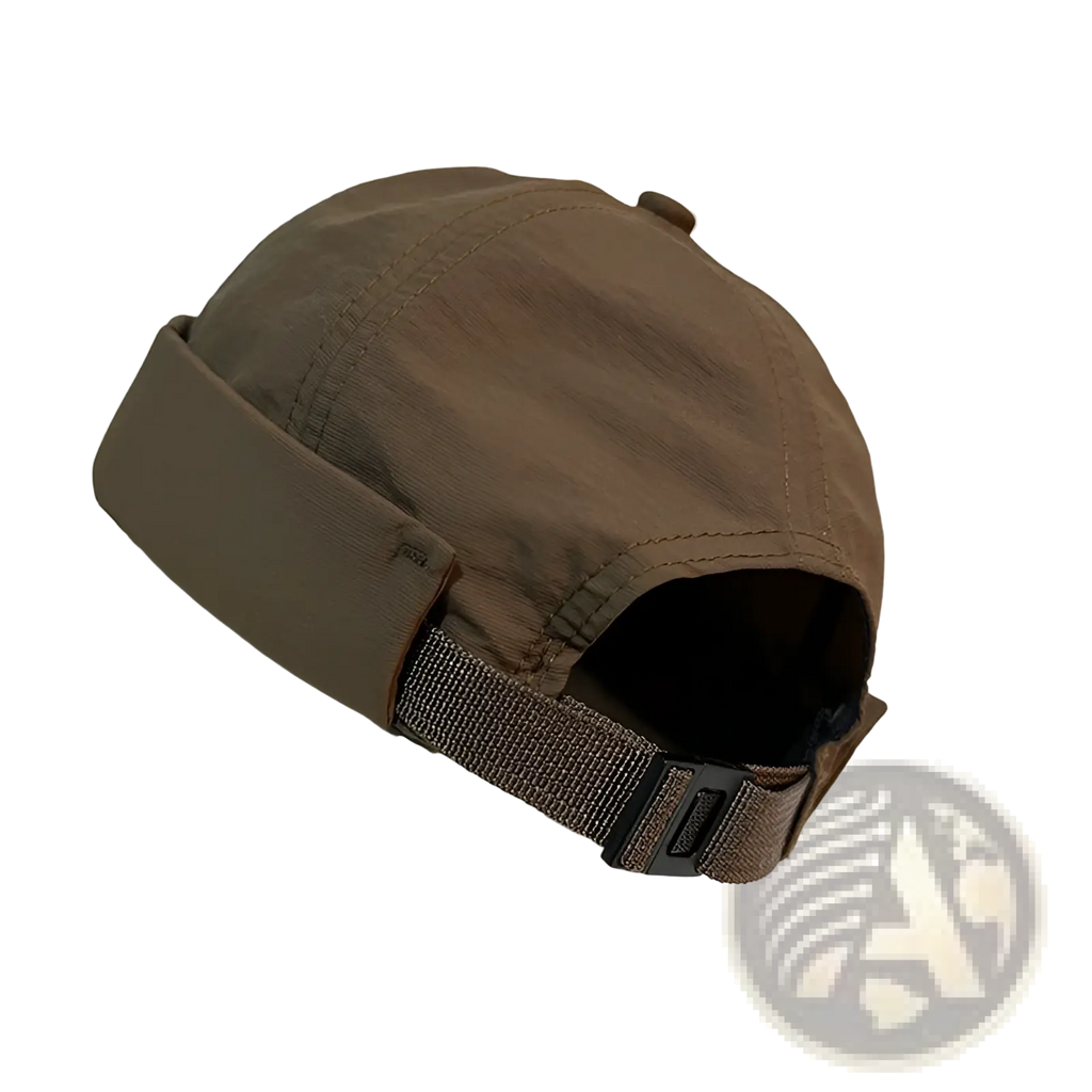 Brown soft-textured brimless hat with folded brim and adjustable strap quick drying cap shown from back side