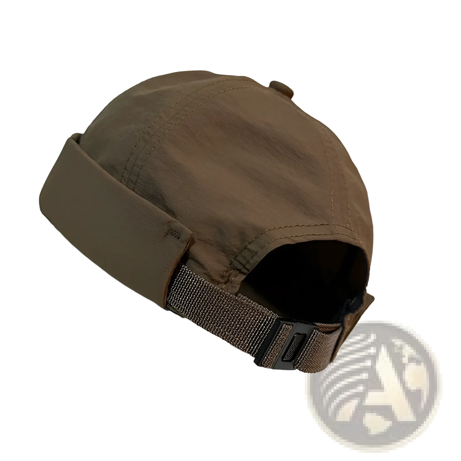 Brown soft-textured brimless hat with folded brim and adjustable strap quick drying cap shown from back side