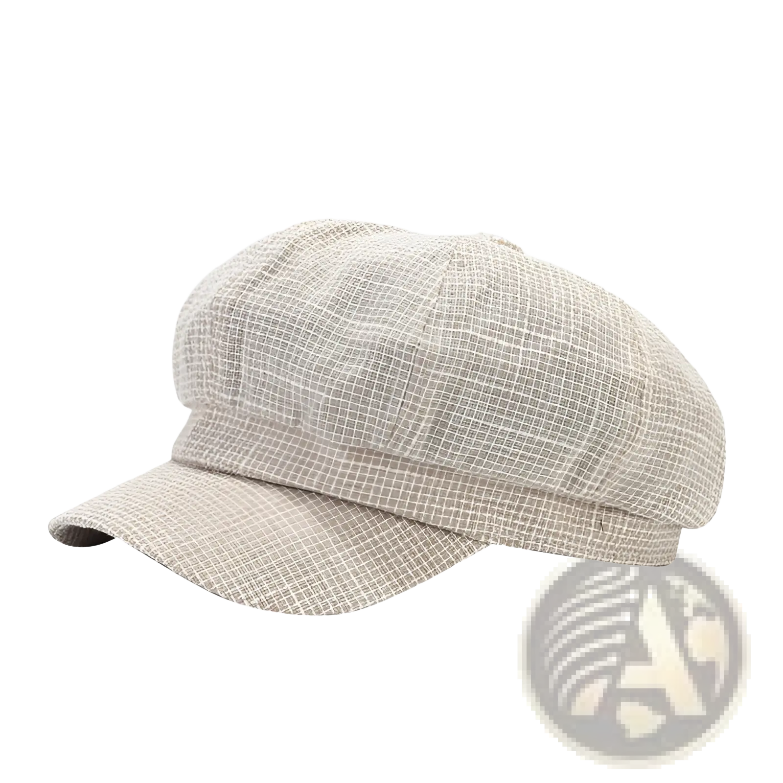 Beige textured tweed newsboy cap with structured eight-panel design and flat brim british style for women