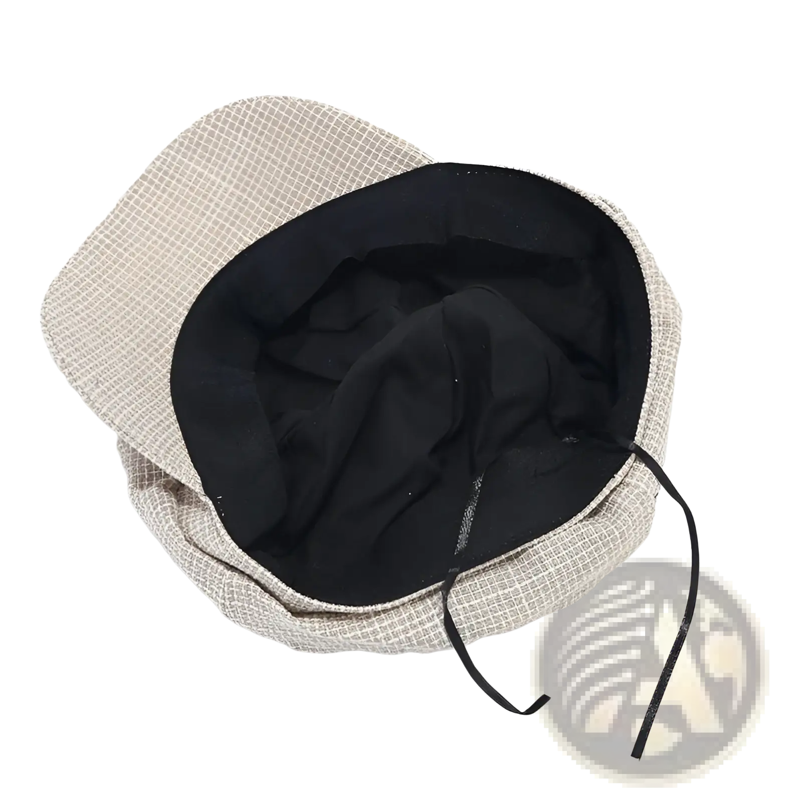 Beige british style tweed octagonal cap for women with black interior lining and adjustable drawstring closure