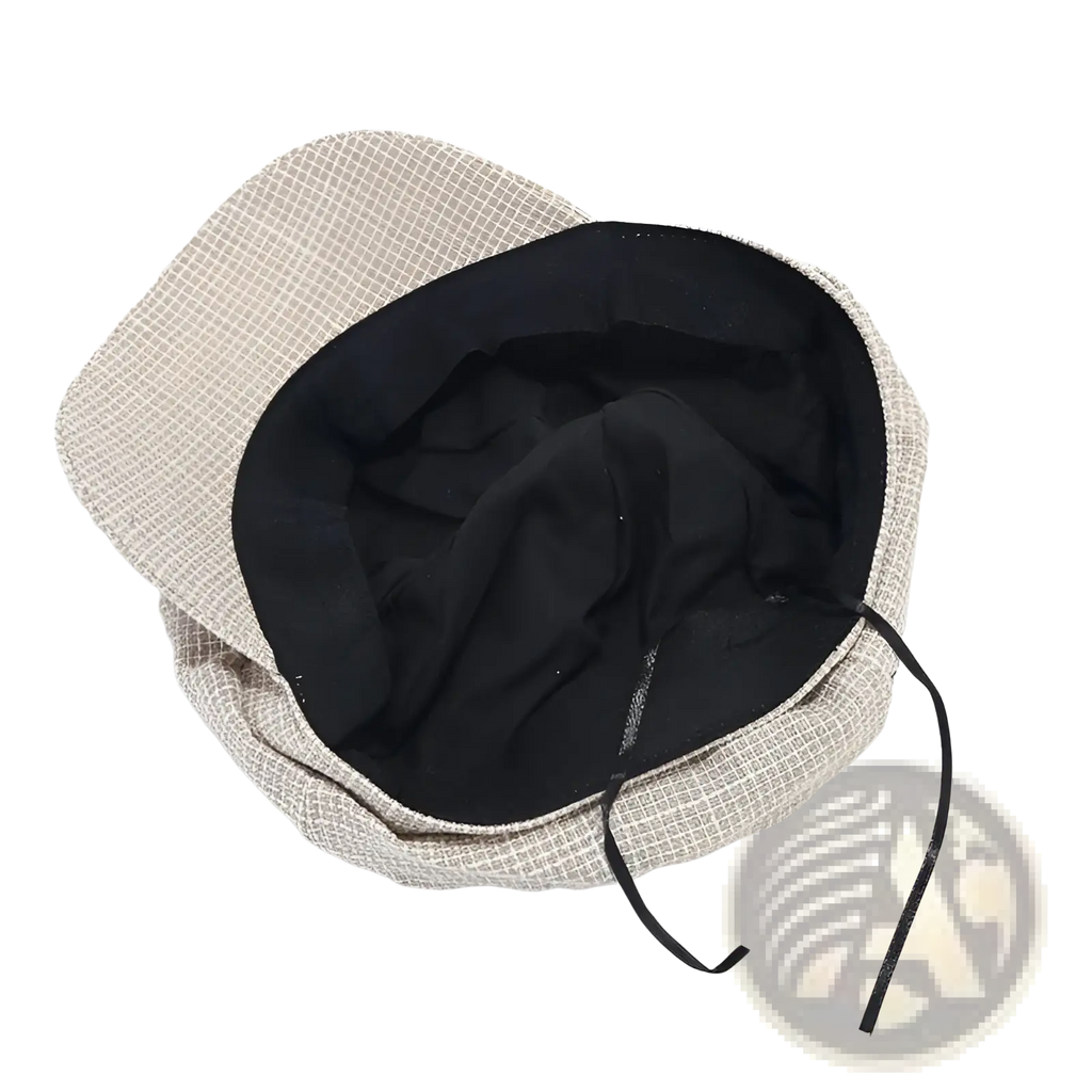 Beige british style tweed octagonal cap for women with black interior lining and adjustable drawstring closure