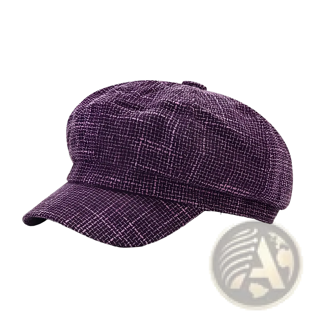 British style tweed octagonal cap for women featuring a textured purple wool flat cap with eight-panel design and curved brim