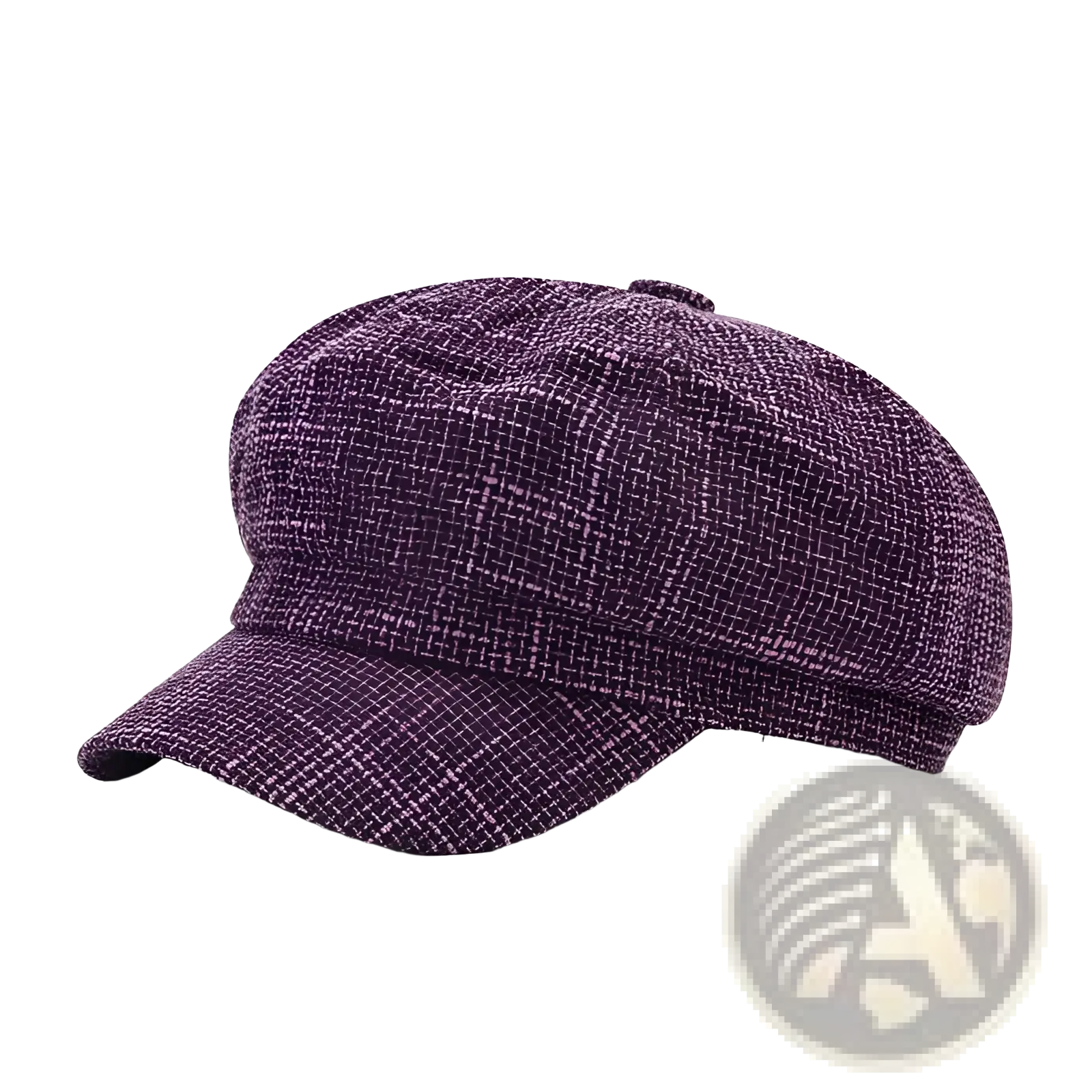 British style tweed octagonal cap for women featuring a textured purple wool flat cap with eight-panel design and curved brim