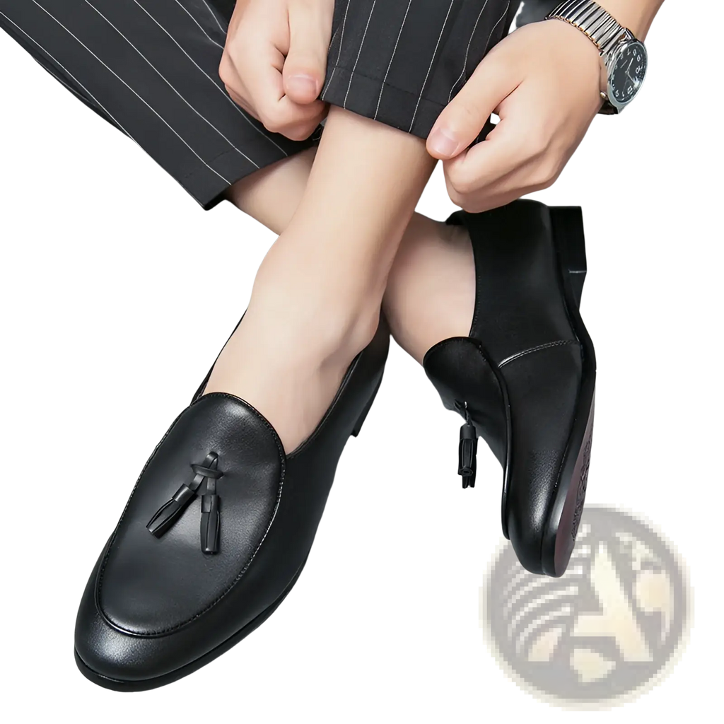 Black leather British tassel loafers for young men with front tassel detail and polished finish