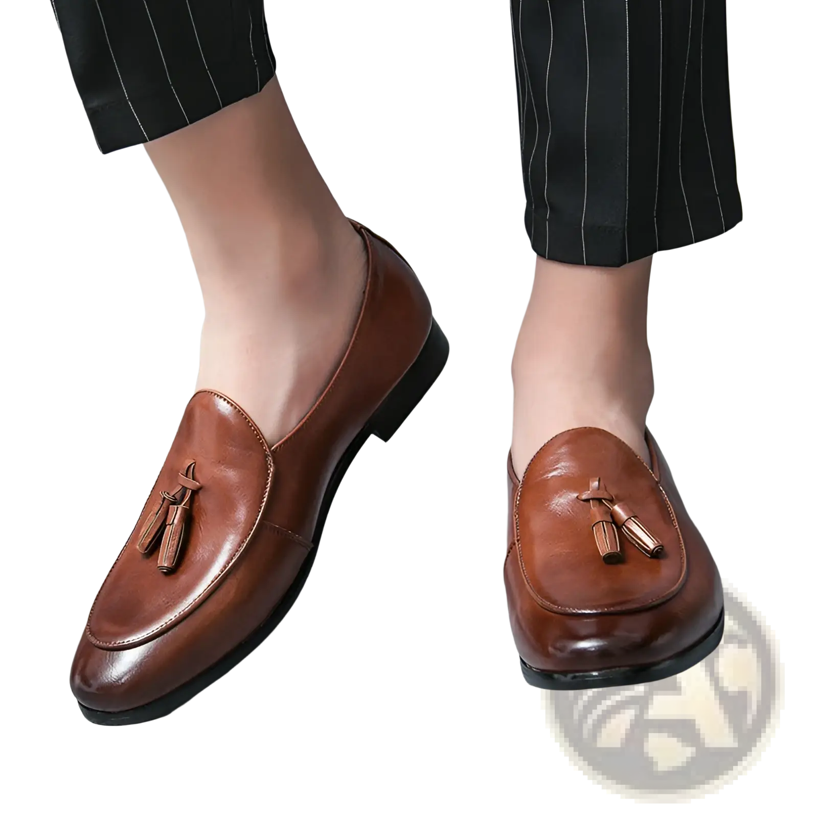 Brown leather british tassel loafers for young men with polished finish and black soles