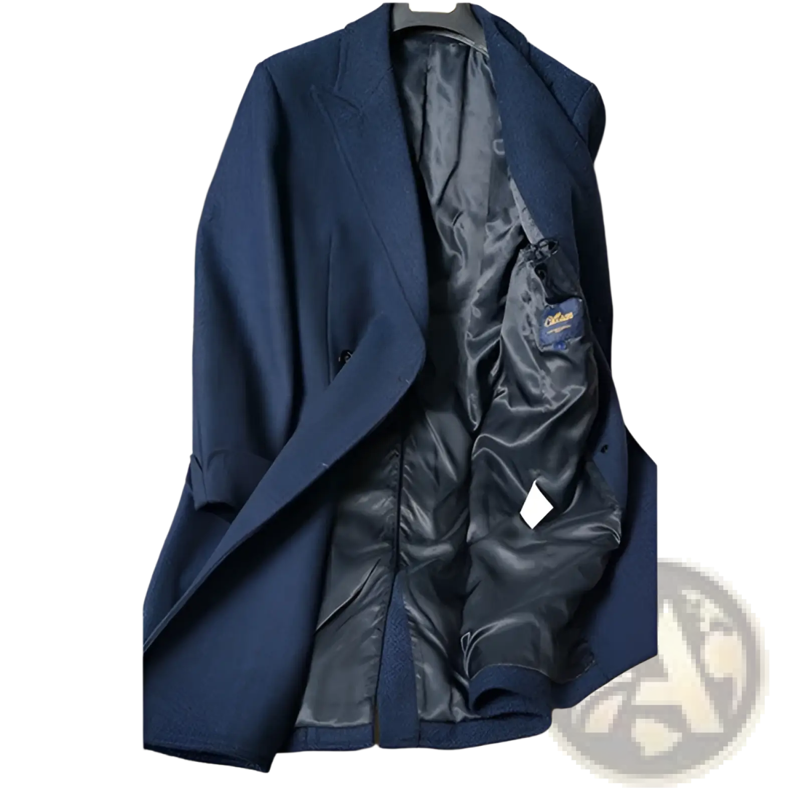 Navy blue British vintage woolen coat slim tweed blazer with satin-lined interior and branded inner pocket label