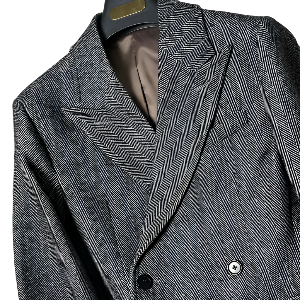 British vintage woolen coat slim tweed blazer in gray herringbone wool with black buttons and brown satin lining