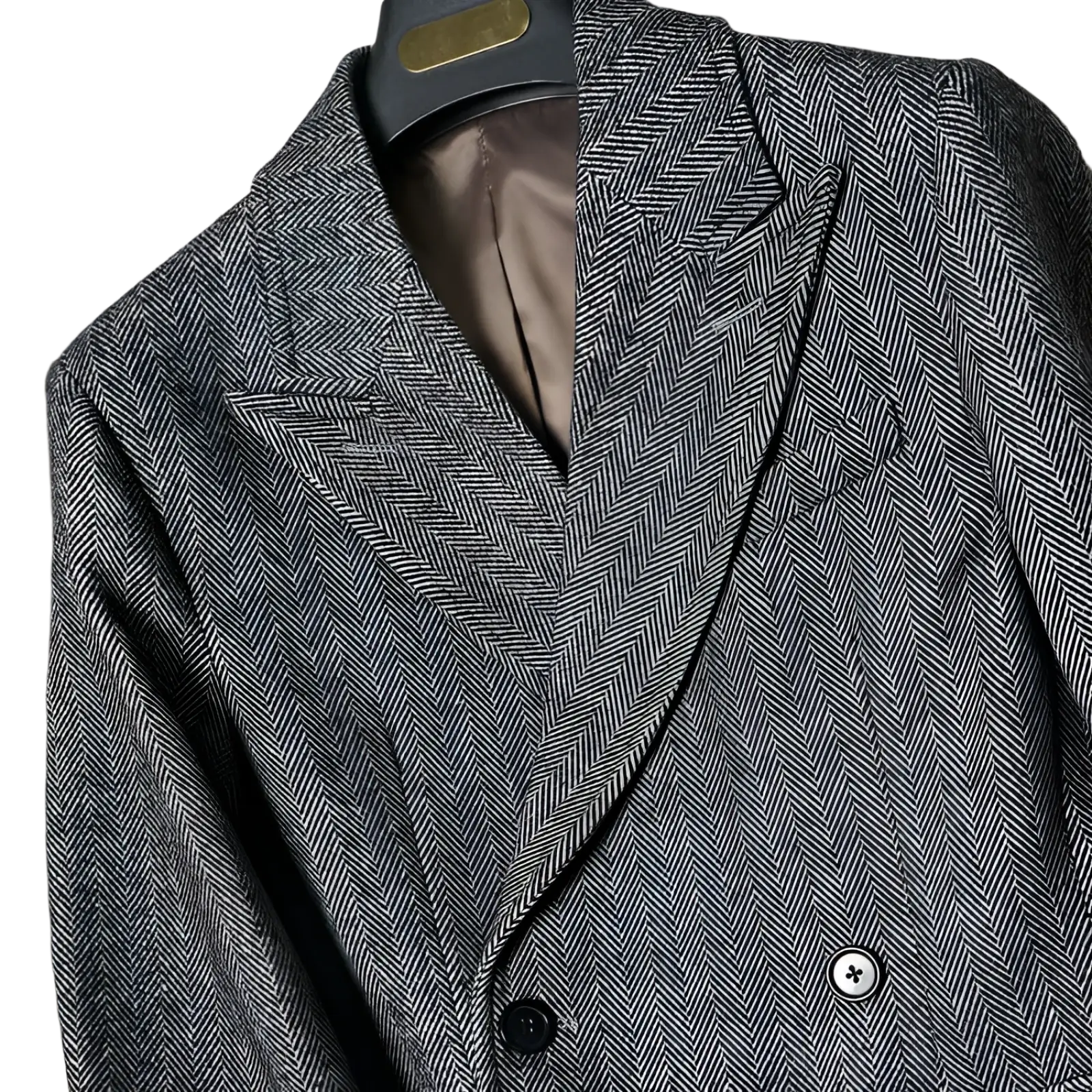 British vintage woolen coat slim tweed blazer in gray herringbone wool with black buttons and brown satin lining