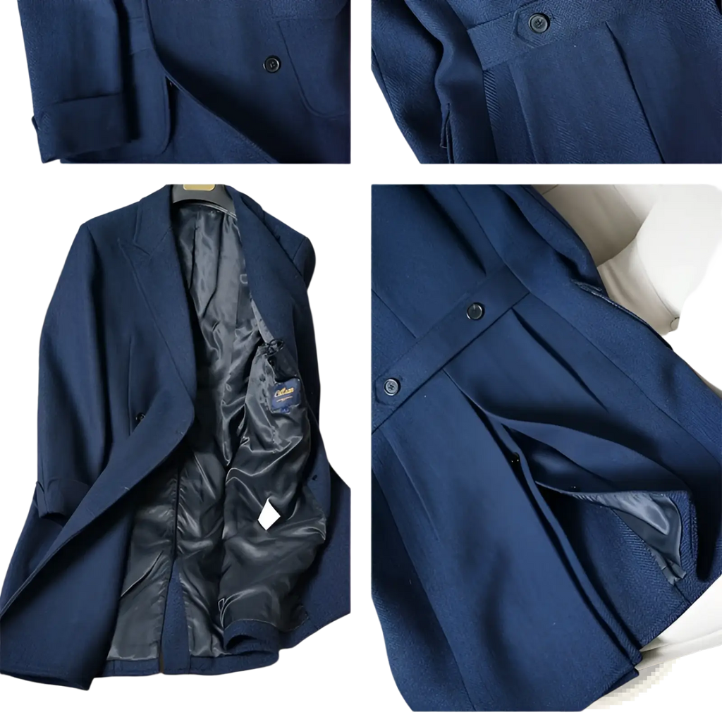 Navy blue herringbone wool British vintage slim tweed blazer with black satin lining and button closures