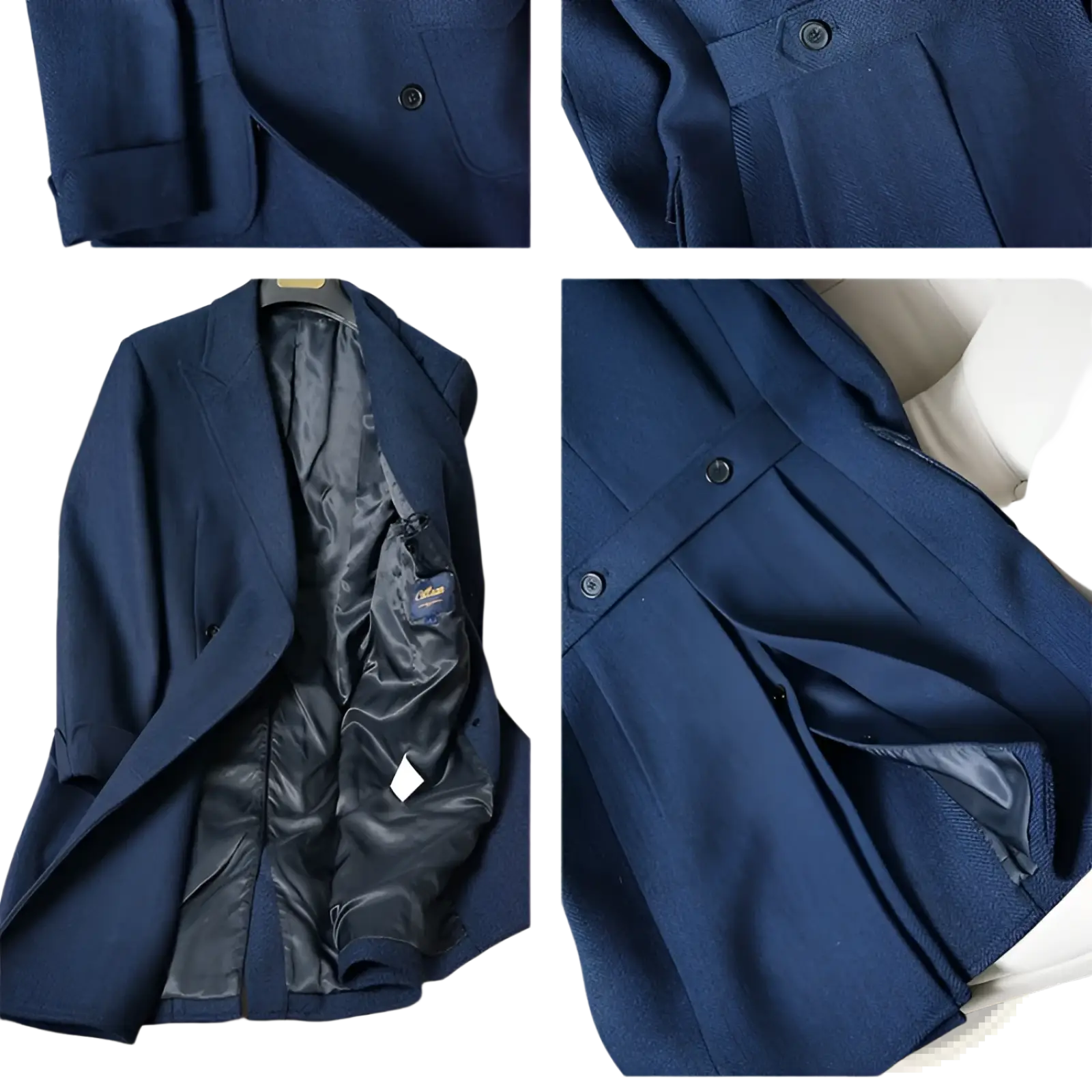 Navy blue herringbone wool British vintage slim tweed blazer with black satin lining and button closures