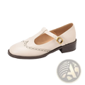 Cream-colored leather brogue mary jane chunky heel pumps with gold buckle and decorative perforated detailing