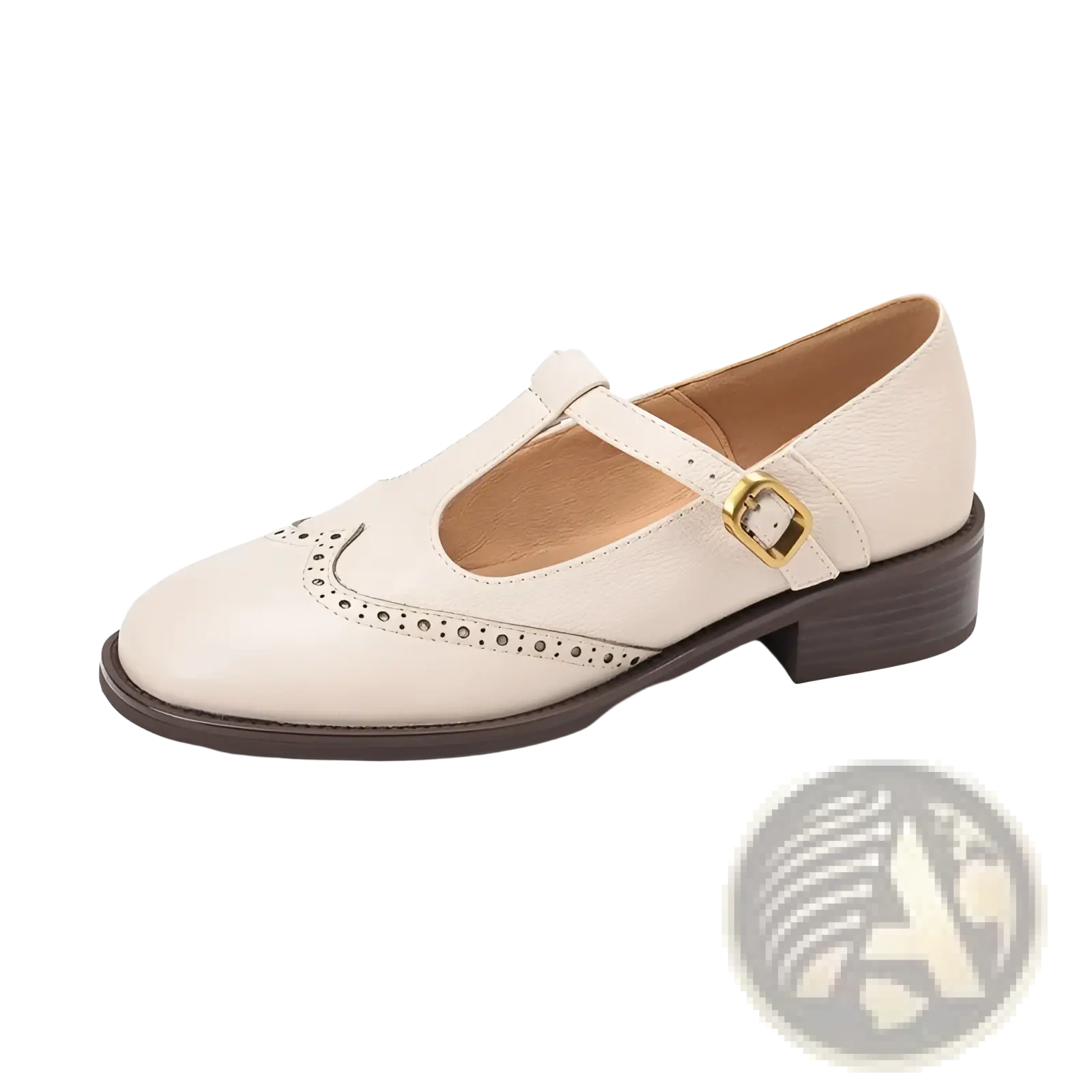 Cream-colored leather brogue mary jane chunky heel pumps with gold buckle and decorative perforated detailing