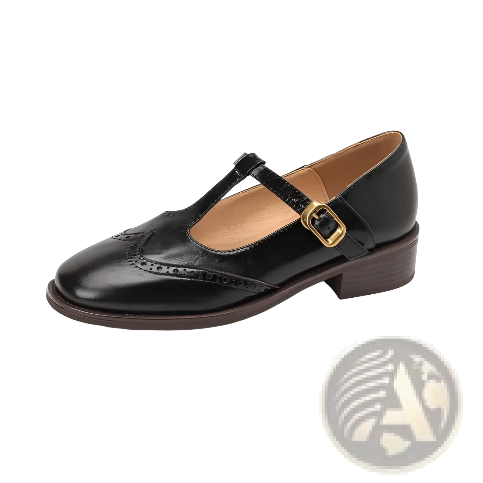 Black leather brogue mary jane chunky heel pump with glossy finish and gold-toned buckle detailing