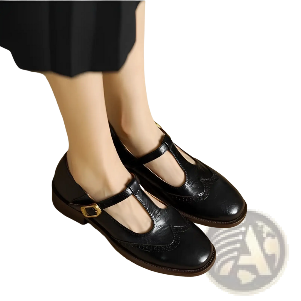 Black leather brogue Mary Jane pumps with a gold buckle and chunky heel for formal or casual wear