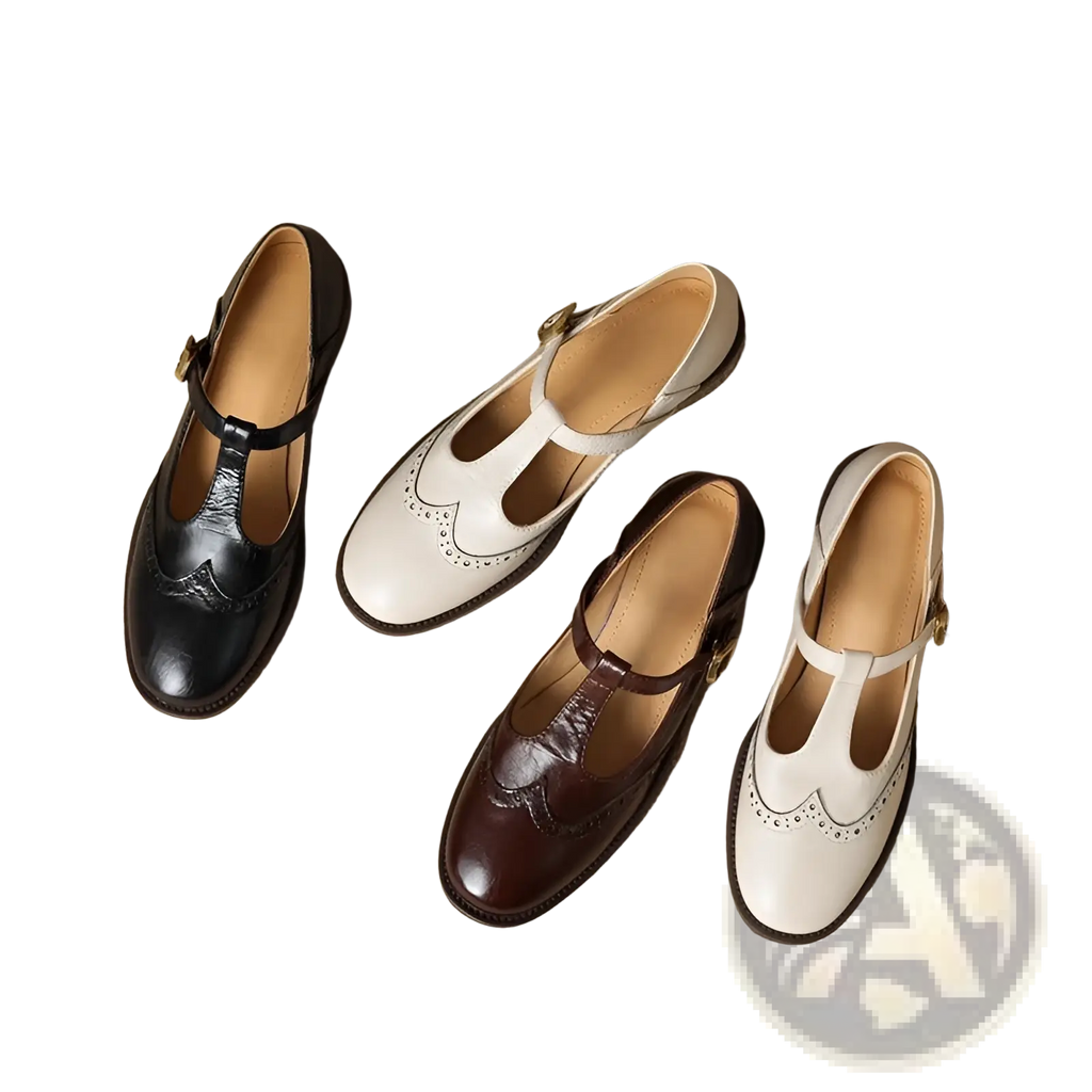 Brogue Mary Jane chunky heel leather pumps in black with t-strap, brogue detailing, and a gold buckle