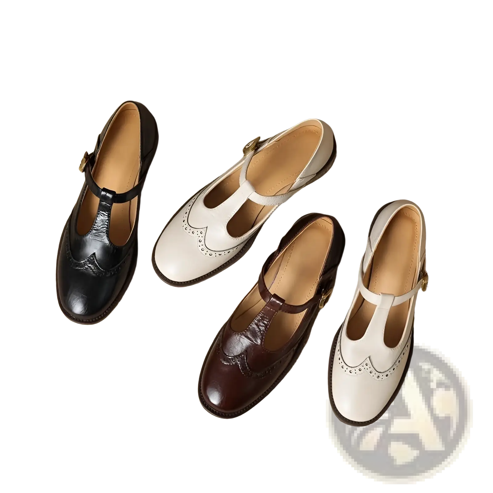 Brogue Mary Jane chunky heel leather pumps in black with t-strap, brogue detailing, and a gold buckle