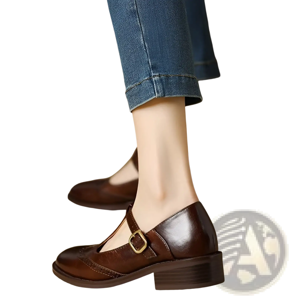 Brown leather brogue mary jane pumps with low block heel and gold toned buckle for elegant wear