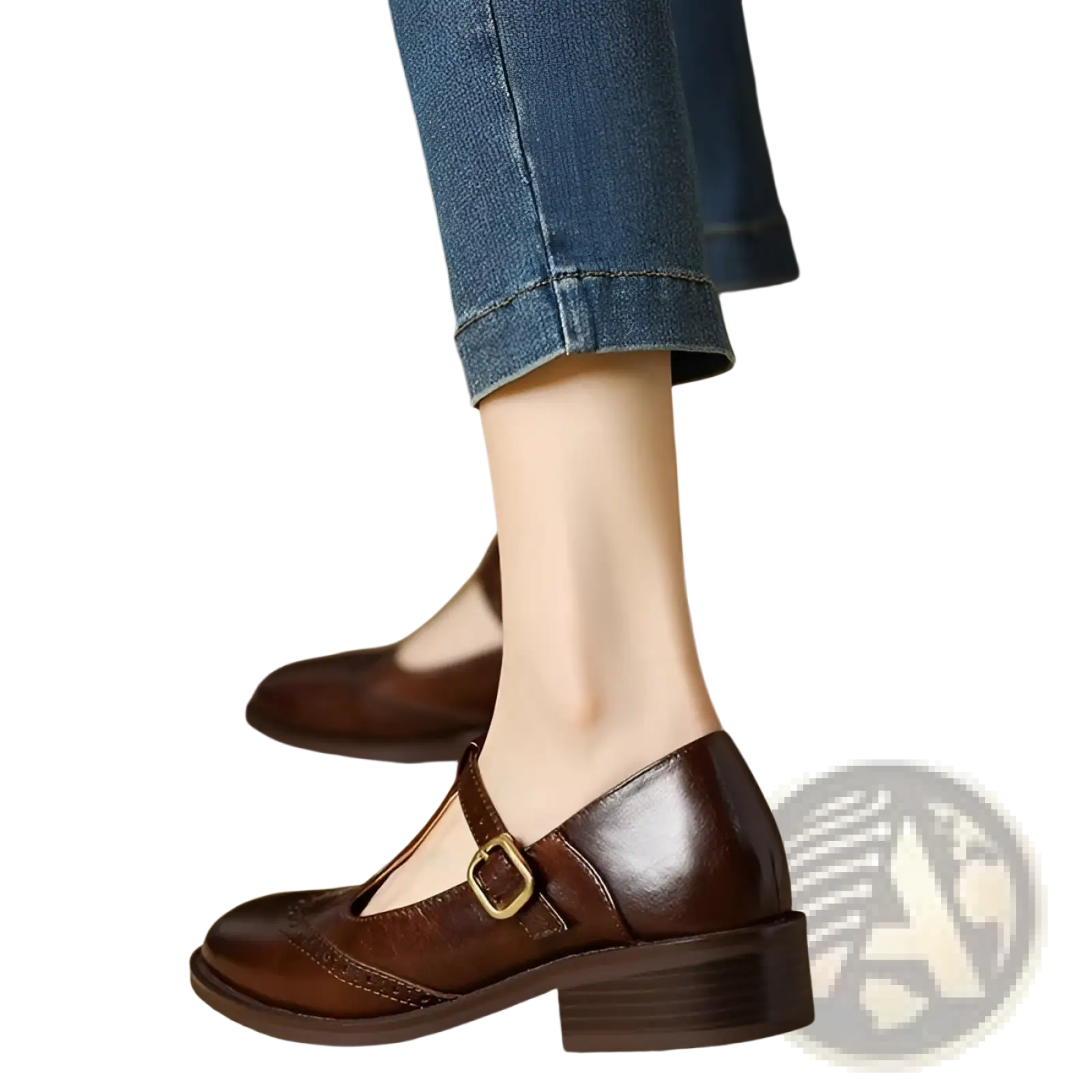 Brown leather brogue mary jane pumps with low block heel and gold toned buckle for elegant wear