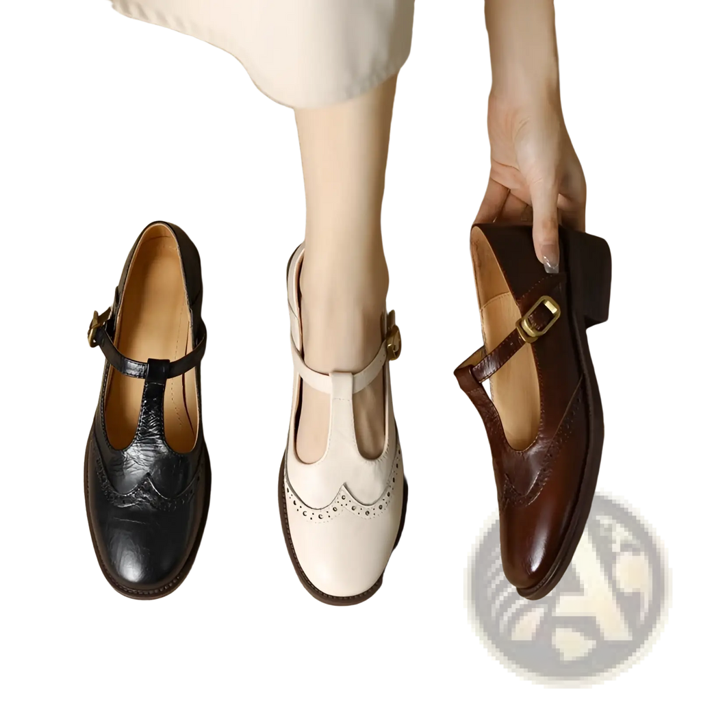 Three pairs of brogue mary jane chunky heel leather pumps in black cream and brown with decorative brogue detailing