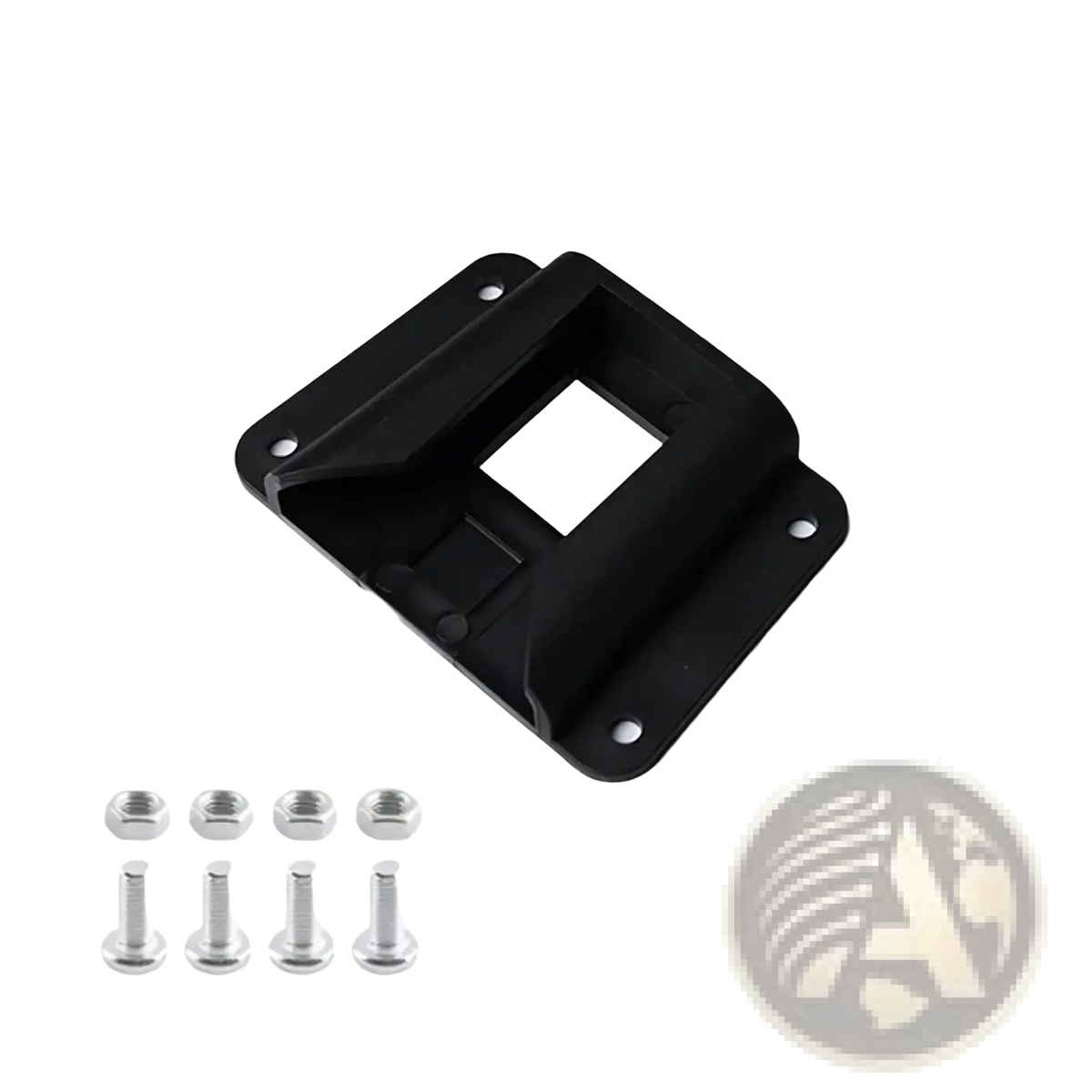 Black plastic Brompton front bag adapter mount bracket with four screw holes central cutout and silver screws and nuts