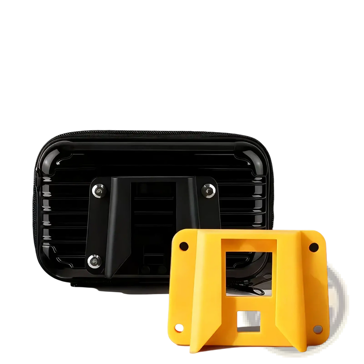 Bright yellow plastic Brompton front bag adapter and mount bracket base with rectangular cutout and four mounting holes