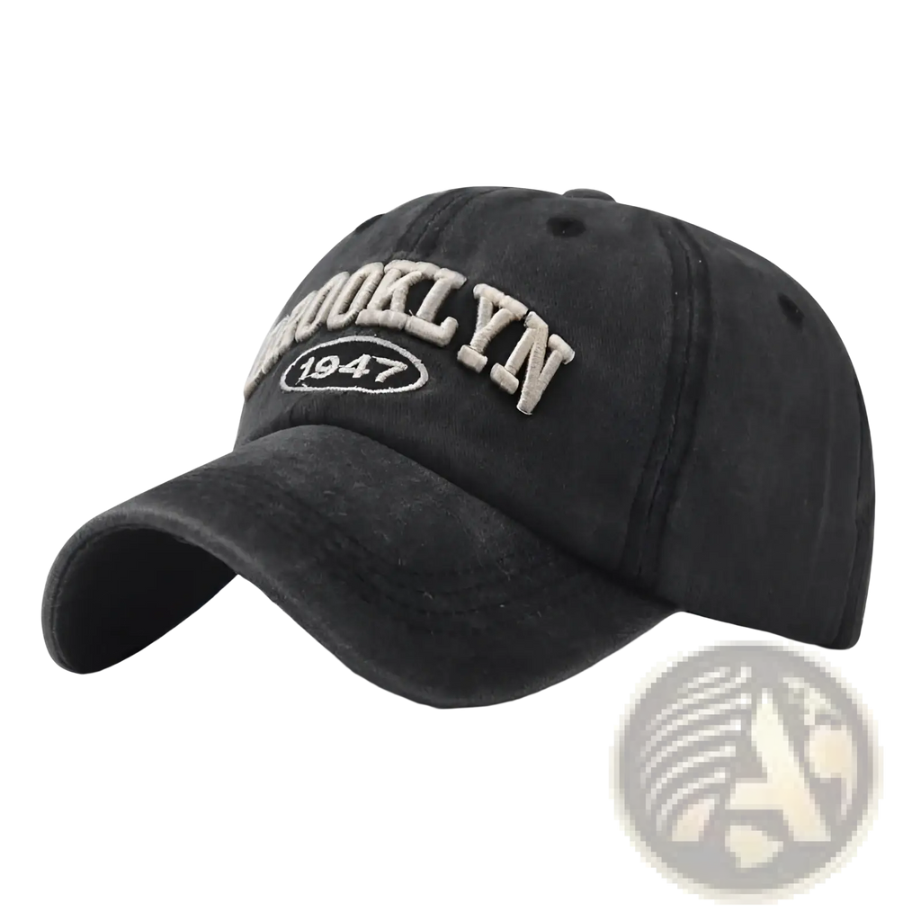 Black distressed cotton baseball hat with brooklyn 1947 embroidered in off white thread on the front