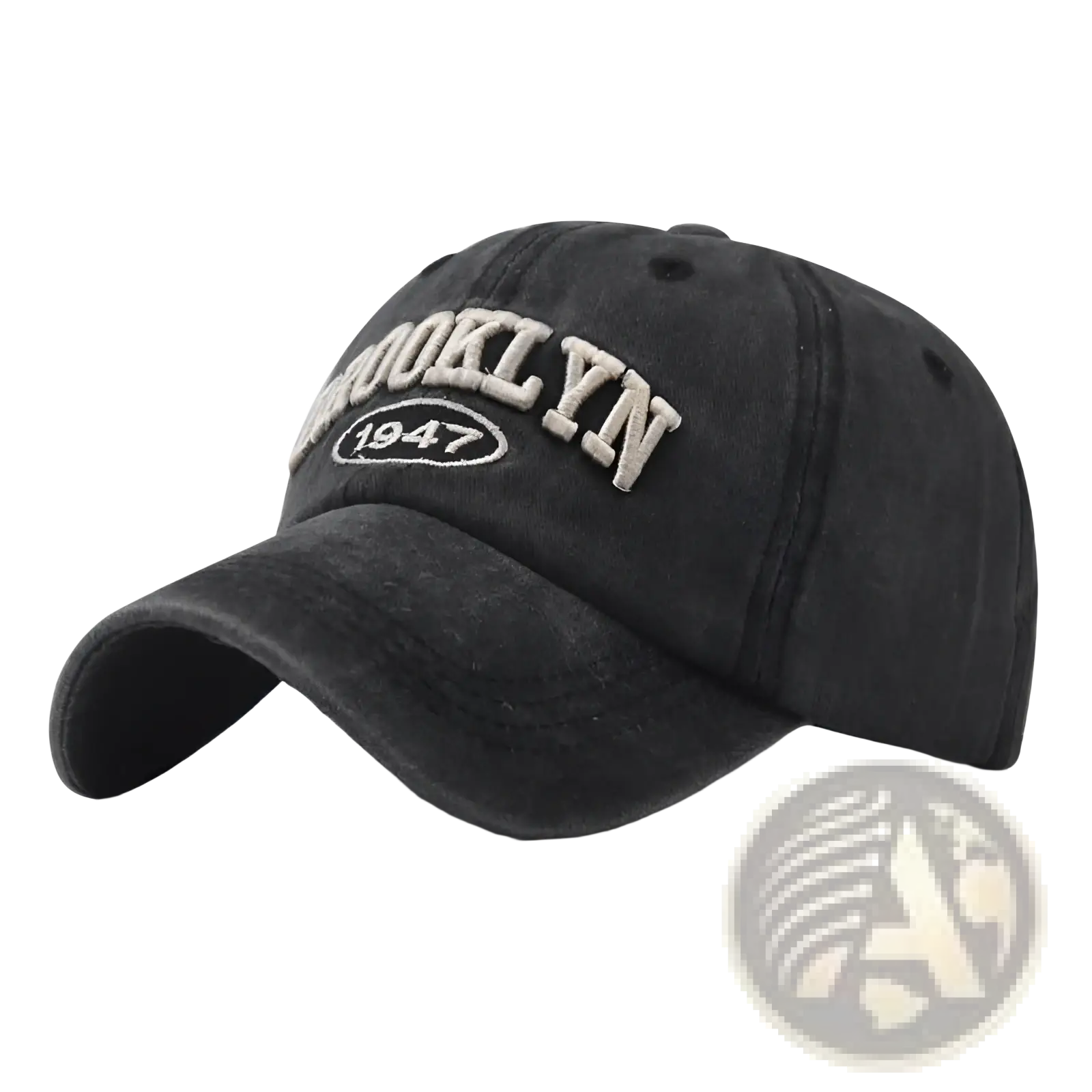 Black distressed cotton baseball hat with brooklyn 1947 embroidered in off white thread on the front