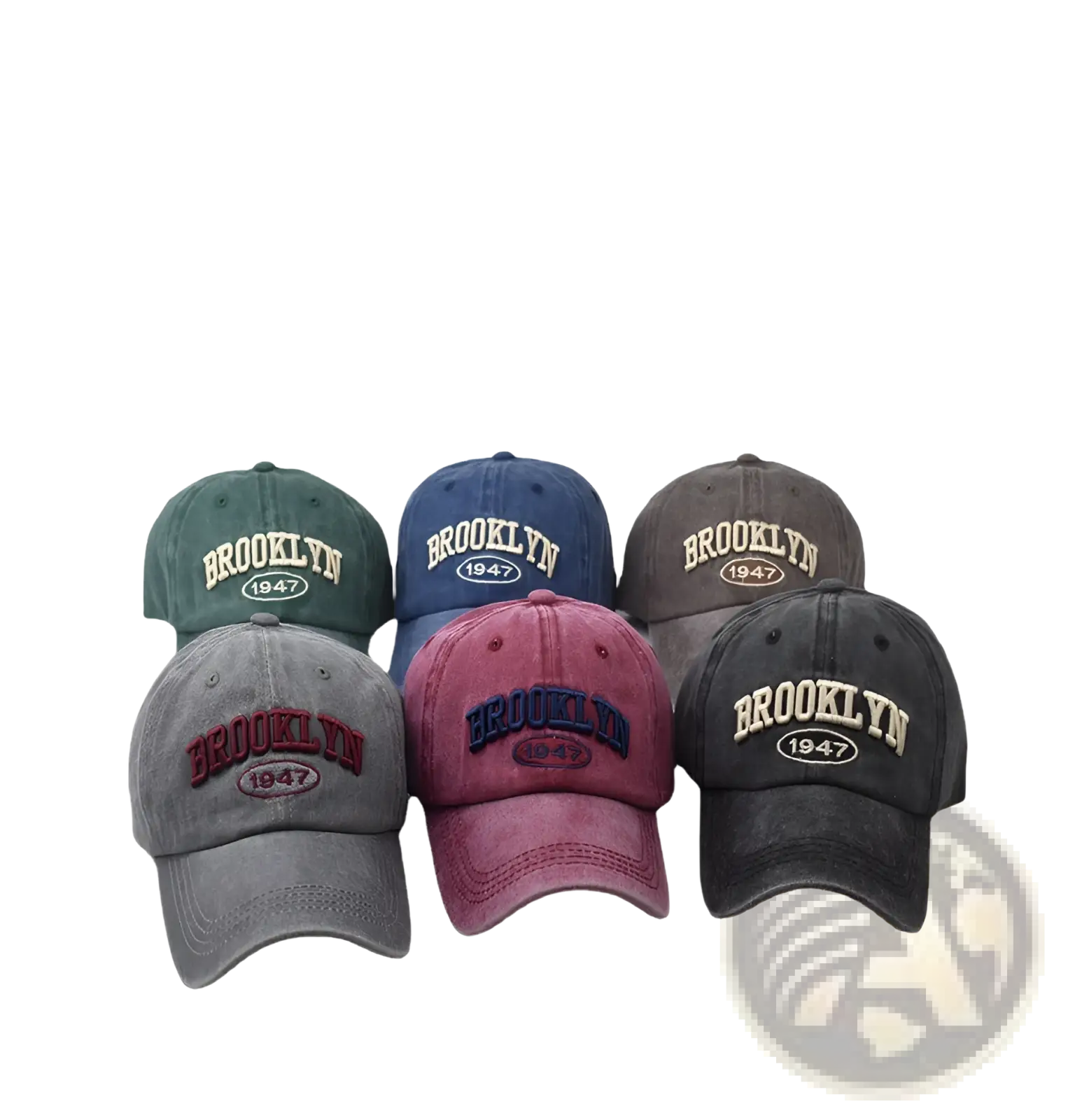 A collection of six vintage-style muted tone cotton baseball hats with embroidered Brooklyn 1947 lettering and emblem