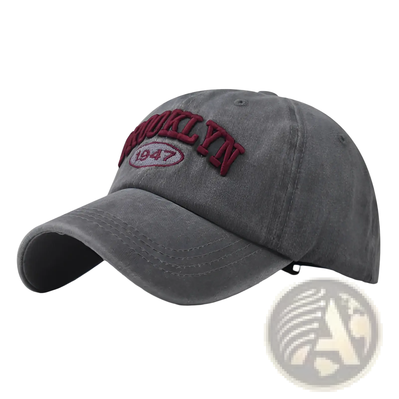 A faded gray cotton baseball hat with brooklyn 1947 embroidered in maroon thread on the front