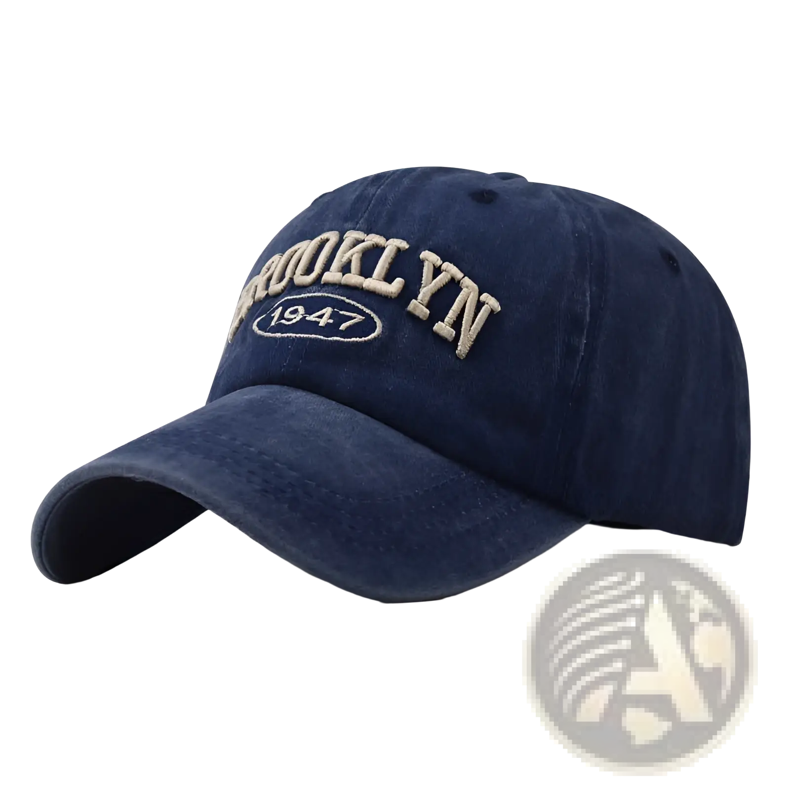A navy blue cotton denim baseball hat with brooklyn 1947 embroidered in beige thread across the front