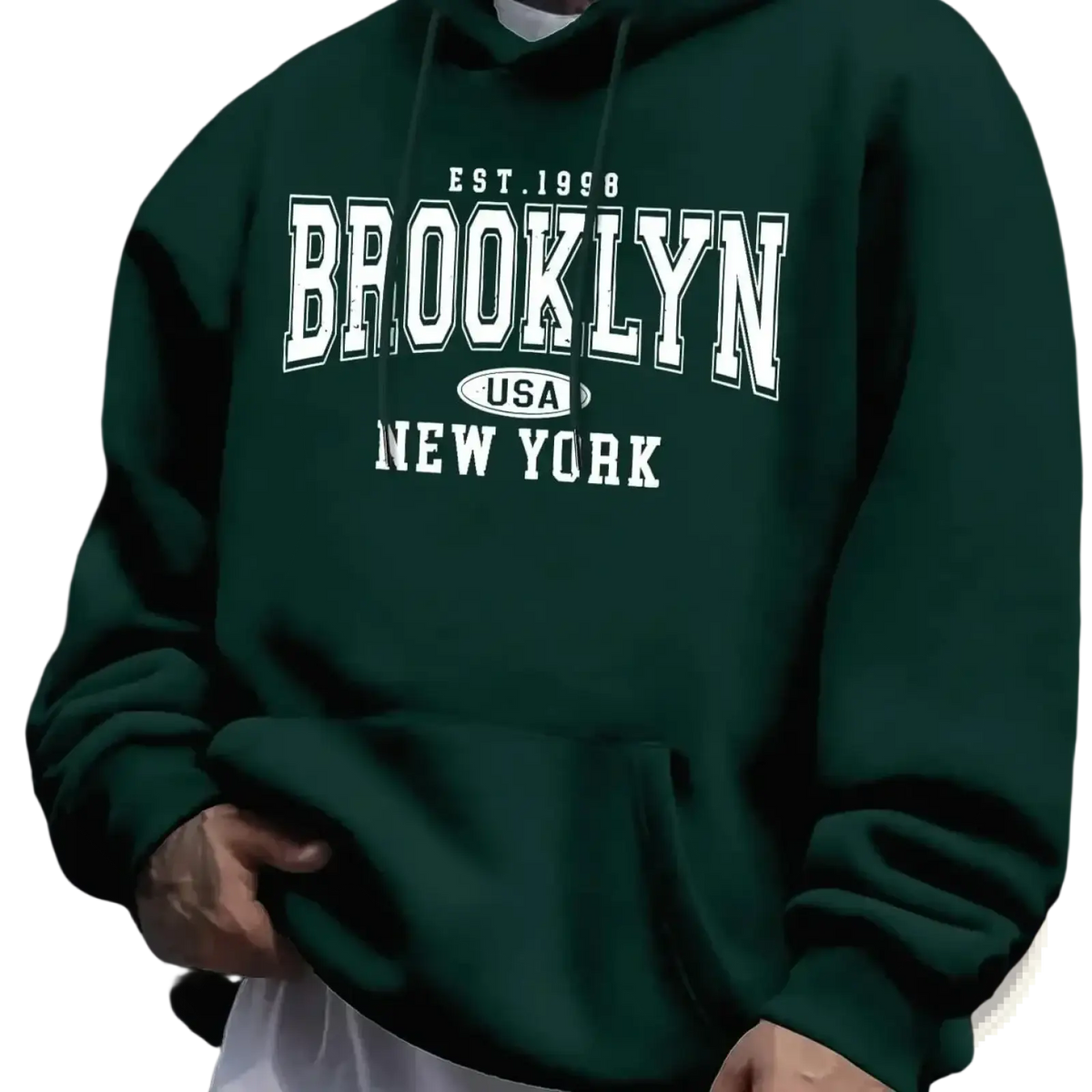 Dark green oversized fleece hoodie for men with white brooklyn new york lettering and a small usa oval patch
