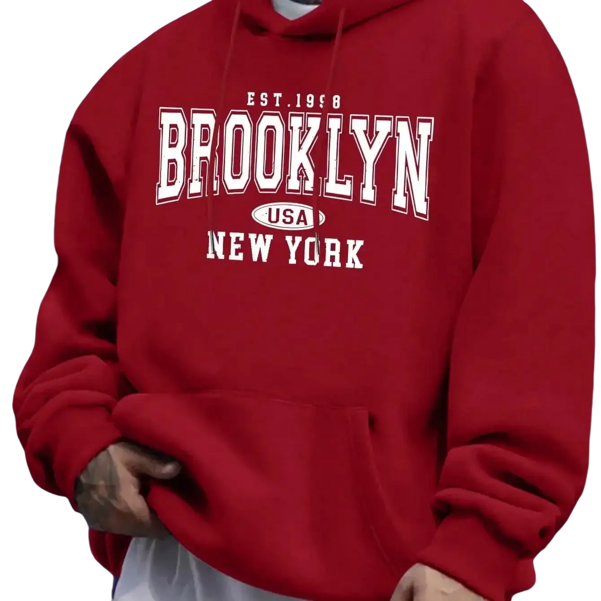 Red oversized fleece hoodie for men featuring white Brooklyn New York lettering and a usa emblem on the front