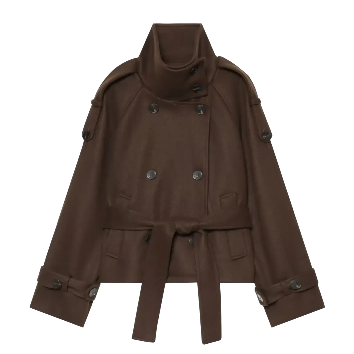 Brown belted double breasted trench coat with high collar buttoned cuffs and waist tie in a soft fabric