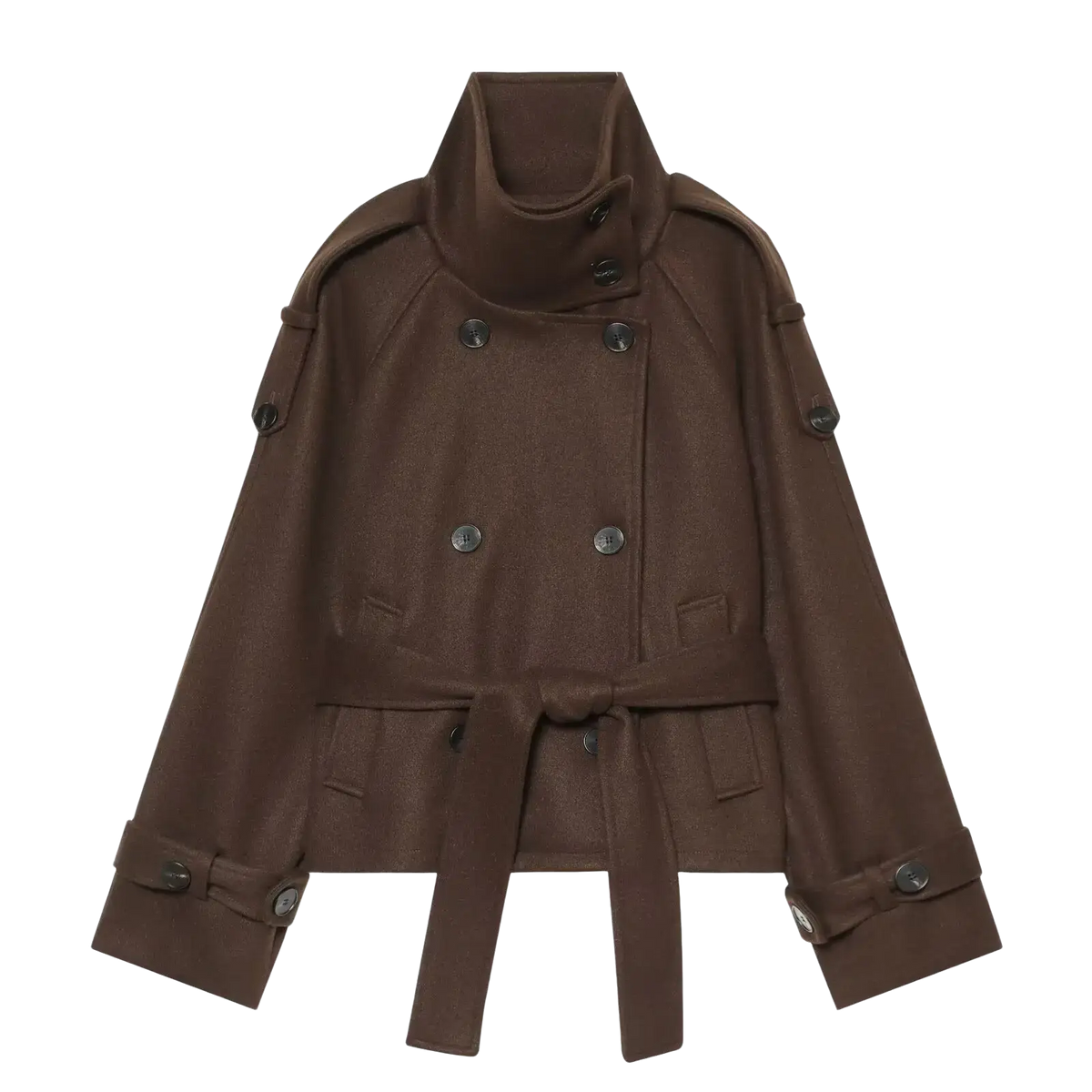 Brown belted double breasted trench coat with high collar black buttons and tied waist in durable fabric