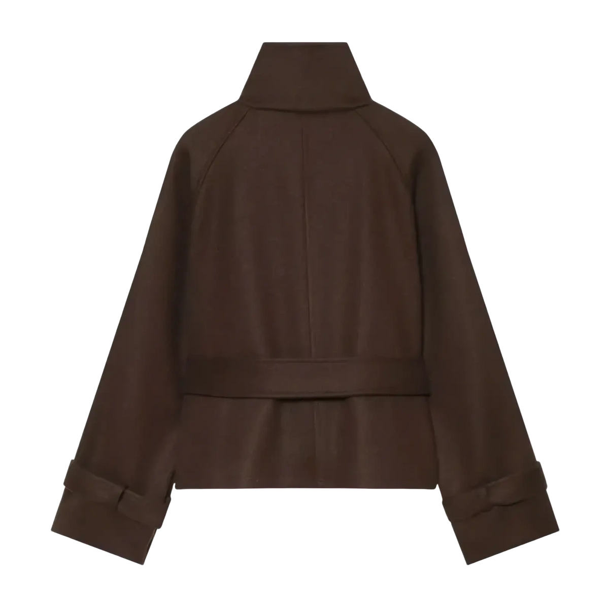 Brown belted double breasted trench coat with high collar and wide sleeves in soft brown fabric for stylish wear