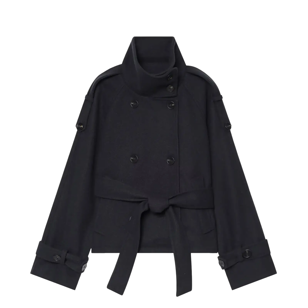 Black double-breasted trench coat with high collar belted waist and buttoned cuffs shown from the back side