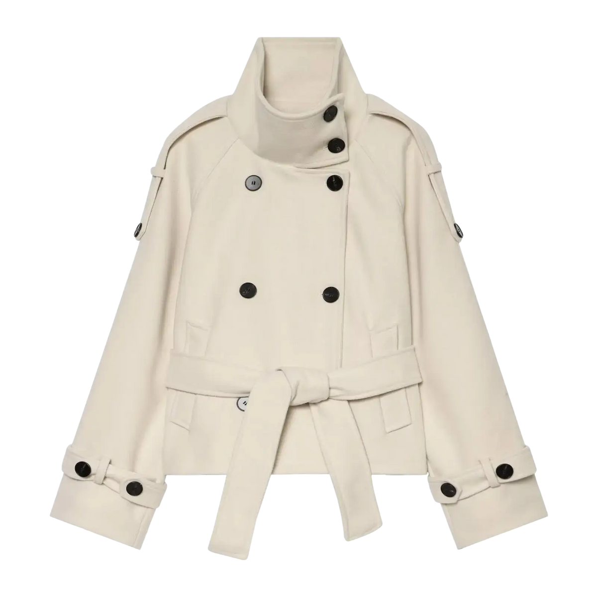 Cream-colored double-breasted trench coat with black buttons and a brown belted waist for stylish outerwear