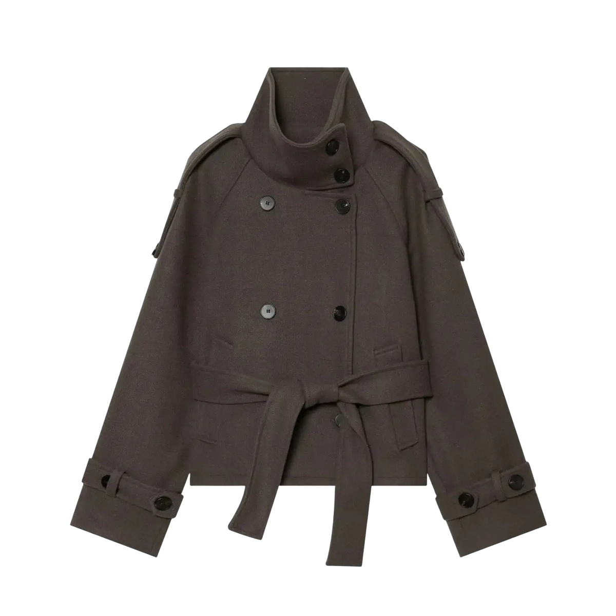 Dark gray double breasted trench coat with black buttons and matching belt shown from the front