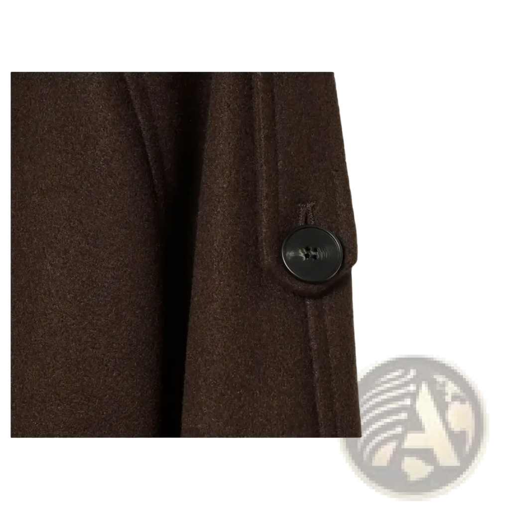 Brown belted double breasted trench coat made of dark brown wool with a black button for formal outerwear use