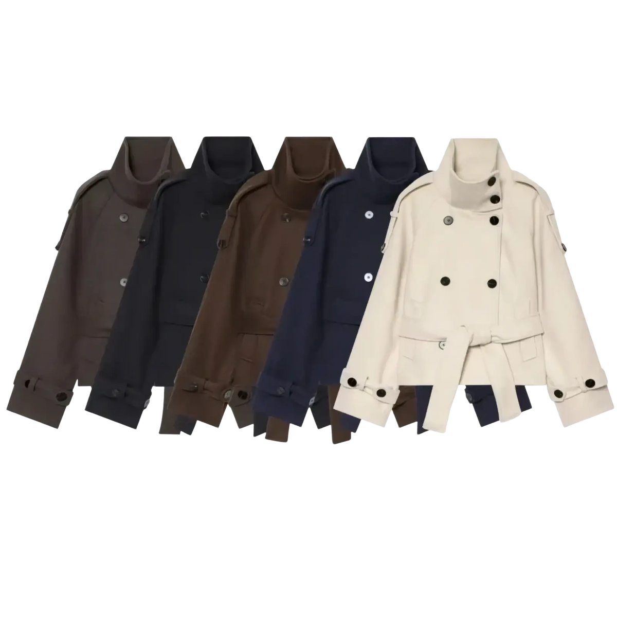 Five belted double breasted trench coats in brown, navy, and cream displayed side by side for classic outerwear